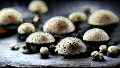 Fototapeta na wymiar Raw mushrooms champignons on black background, cooking fresh champignons. Generative Ai