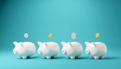 Piggy bank. Money box with falling coins. moneybox investing, 3D rendering