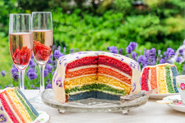 Obraz na płótnie Canvas Multi layered rainbow cake set on garden table - outdoor dining