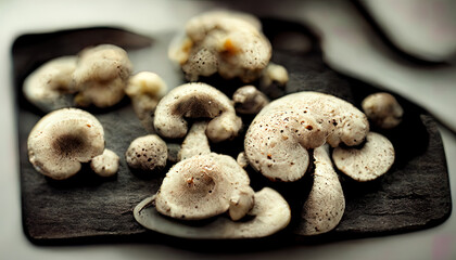 Variety of uncooked wild forest mushrooms in a wicker basket on a black background. Generative Ai