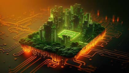 Fototapeta premium Smart city on circuit board background. Futuristic cyberspace concept. Generative Ai 