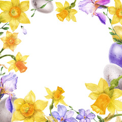 Easter frame of jonquil and iris and alstroemeria flowers and eggs. Botanical watercolor floral illustration