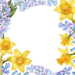 Bright spring frame with yellow daffodil flowers. Botanical watercolor floral illustration for greeting and instagram card