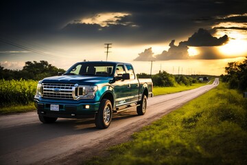 pick up car on the rural road in the sunset with Generative AI