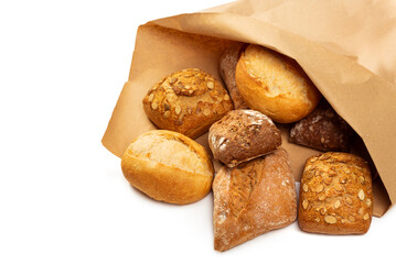 Different buns in a paper bag on a white background. Isolate