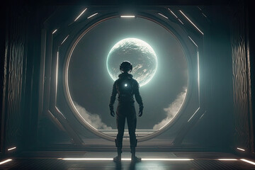Astronaut in front of window to space, futuristic spacesuit Generative AI
