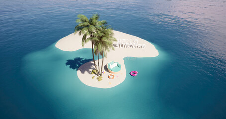 Fresh summer wallpaper with a small sandy island of coconut trees, swimming buoys, relaxing chairs in the morning. 3D rendering
