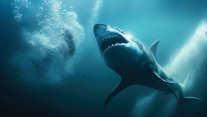 Shark Attack in the Deep Blue Sea. Generative AI Illustration