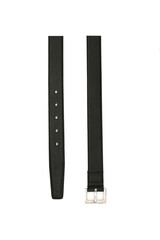 Black classic business basic leather belt with metal buckle isolated on white background, unisex, male, female, men's, women's waistband girdle strap cummerbund. Flat lay, template, mock up