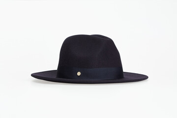 Dark blue male wide brim brimmed hat isolated on white background, Men's Trilby Felt Fedora Hat. Side view. Mock up, template