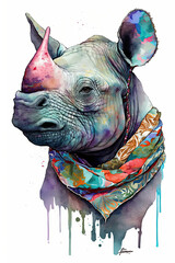 Rhinoceros wearing Bandana, Psychedelic Illustration. Generative AI