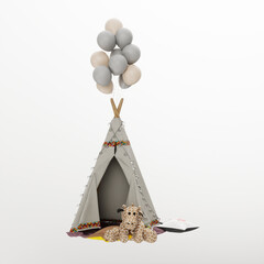 Camping tent and balloons on white background, 3D rendering