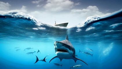 An Illustration of a Powerful Shark Roaming the Depths of the Ocean. Generative AI