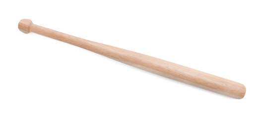 Wooden baseball bat isolated on white, top view. Sports equipment