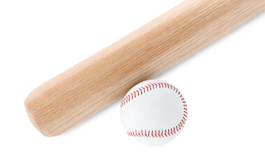 Wooden baseball bat and ball on white background, top view. Sports equipment