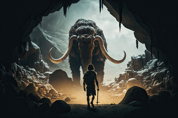 Cavemen hunting wooly mammoth Generative AI