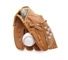 Leather baseball glove with ball isolated on white, top view