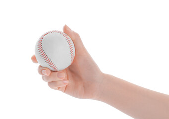 Woman with baseball ball on white background, closeup