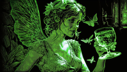 A fictional person, "Green Fairy Drinking Absinthe" - an alluring wallpaper background featuring a green fairy drinking absinthe in a surrealistic and enchanting setting