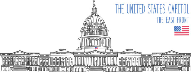 The United states Capitol Building, the East Front. Vector drawing. Illustration isolated on white background. Outline stroke is not expanded, stroke weight is editable