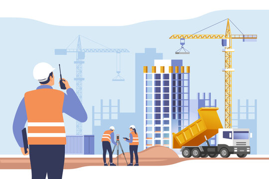 Construction site. Building work process with houses and construction machines. Surveyor engineers with equipment, theodolite or total positioning station. Vector illustration.