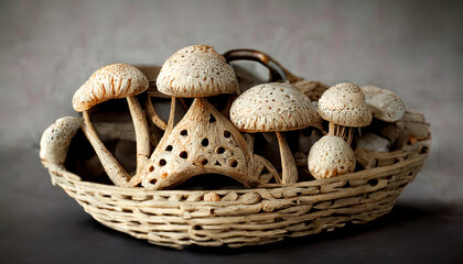Mushrooms in basket composition. Generative Ai