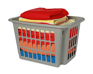 Plastic laundry basket with clean clothes isolated on white