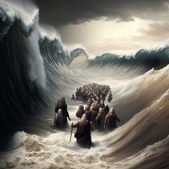 Exodus of the bible Moses crossing the Red Sea, with the Israelites, escape from the Egyptians. Generative AI Technology