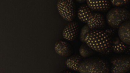 Bunch of black easter eggs with golden ornament on dark background. 3d render illustration