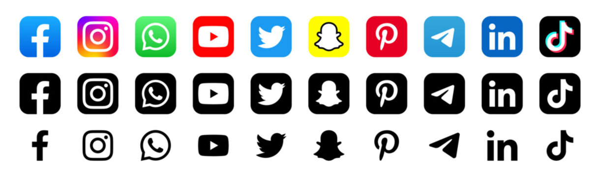 social media icons. social media logo , facebook, instagram, youtube, whatsapp, twitter, snapchat, pinterest, linkedin, telegram, tiktok, icon - social network logos collection set. vector editorial