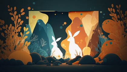 two white painted rabbits in an unusual environment. Easter card. Generative ai illustration