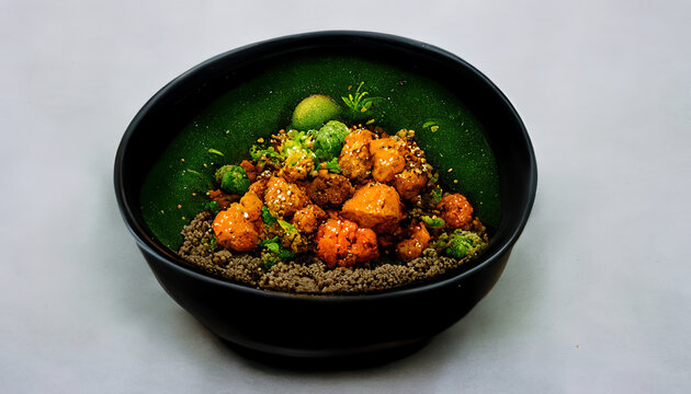 Bowl Buddha. Buckwheat, pumpkin, chicken fillet, avocado, carrots, On a black background. Generative Ai