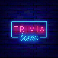 Fototapeta na wymiar Trivia time neon sign. Geometric frame decoration. Quiz show label on brick wall. Vector stock illustration