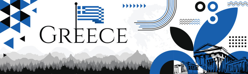 Greek Independence Day Greece banner with name and map. Flag color themed Geometric abstract retro modern Design with pattern. Blue color vector illustration template graphic design.
