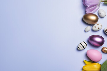 Flat lay composition with festively decorated Easter eggs and beautiful tulips on pale light blue violet background. Space for text