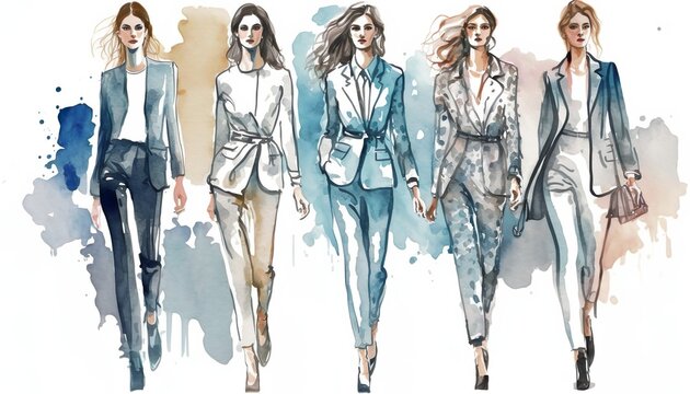 business women walking in a row, watercolor illustration. Generative AI