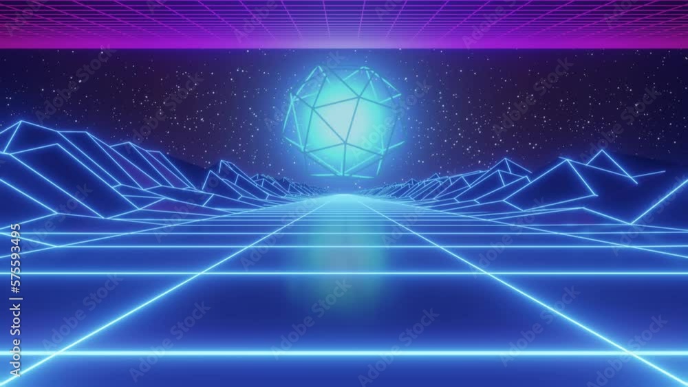 Poster synthwave animated background. 80s wireframe landscape. retro future perspective grid. retrowave sty
