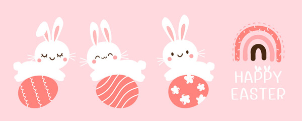 Bunny rabbit cartoons, Easter eggs, rainbow and hand drawn fonts on pink background vector illustration.