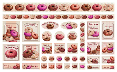 レトロなドーナツ メッセージ入りシール&フレーム用 イラスト素材 -ピンク- 色違い有