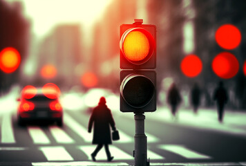 A city pedestrian crossing with a semaphore. Red light in semaphore, generative ai