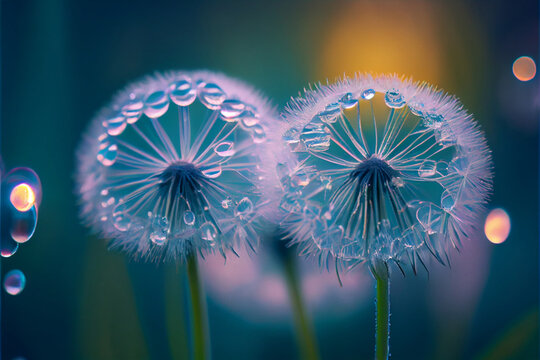Beautiful dew drops on a dandelion seed macro. Beautiful soft light blue and violet background. AI Generated