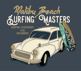 Surfing artwork with a hippie van.T-shirt apparel print graphics