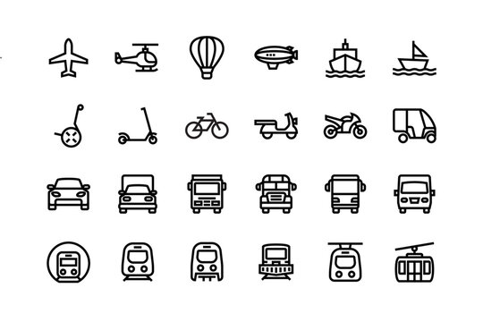 Transportation icon set with adjustable line weight