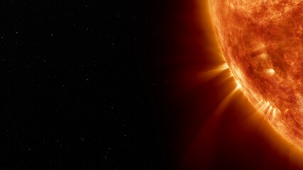 Fototapeta na wymiar Earth's sun in outer space. Artistic concept 3D illustration as close shot of solar surface with powerful bursting flares and star protuberances erupting with magnetic storms and plasma flashes.