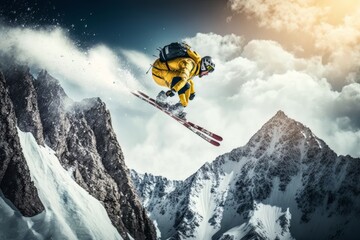 Winter extreme athlete sports, ski jumping on mountain. Winter, Snow landscape. Landscape. Generative AI Technology - obrazy, fototapety, plakaty