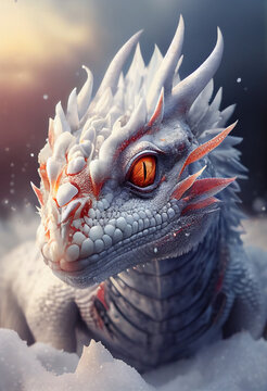 A dragon with red eyes is in the snow. Generative ai