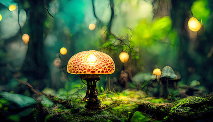 Fototapeta premium Wonderful Mushroom Wallpaper ,Fantasy Wallpaper, 4K, Mushroom Light, Fantasy Mushroom, Jungle. Generative Ai