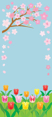 桜とチューリップと青空の背景イラスト