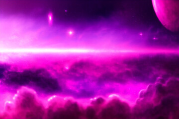 Obraz na płótnie Canvas Cosmic pink world background, stars planet fog, alien reality, background for graphic elements and screensavers, generative ai