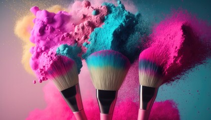 Colorful Make-up Brushes on Pink Powder Background - Digital 3D Illustration and Matte Painting. Generative ai illustration